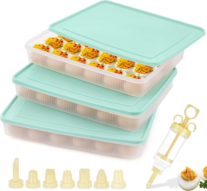 FACULX 3 Pack Deviled Egg Containers with Lid and 8 Pcs Deviled Egg Injector Piping Tool, Egg Organizer for Refrigerator, Fridge Stackable Countertop Portable Egg Platter (Green) - Image 1